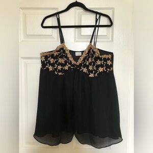Delicates Black Teddy, sheer with Gold Floral Embroidery Adjustable Straps 2X